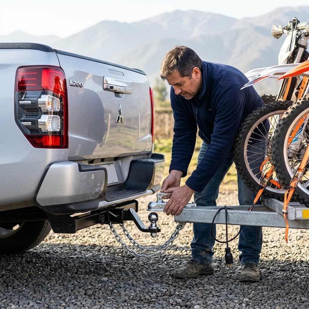 Mitsubishi L200 con enganche KEKO K1: un hombre conecta el carro de arrastre con dos motos, con la cordillera de fondo