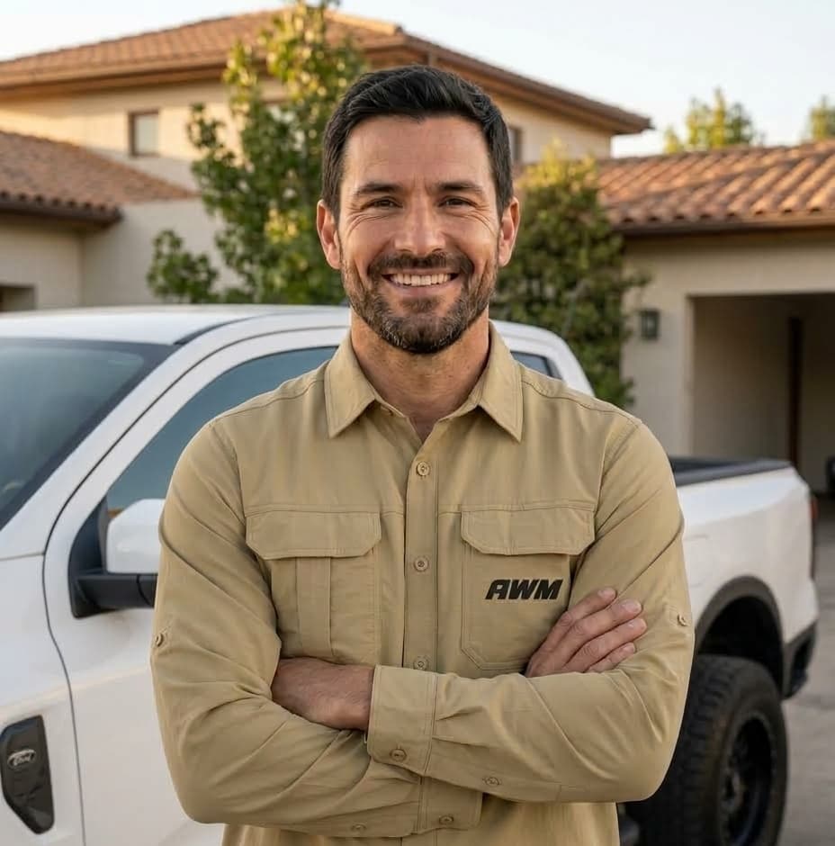 Técnico AWM sonriendo con los brazos cruzados, con camisa beige con el logo AWM, junto a la puerta de una Ford Ranger blanca